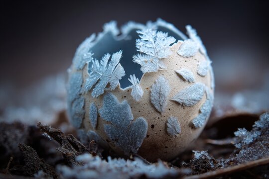 Frozen egg with intricate ice crystals on surface - Powered by Adobe
