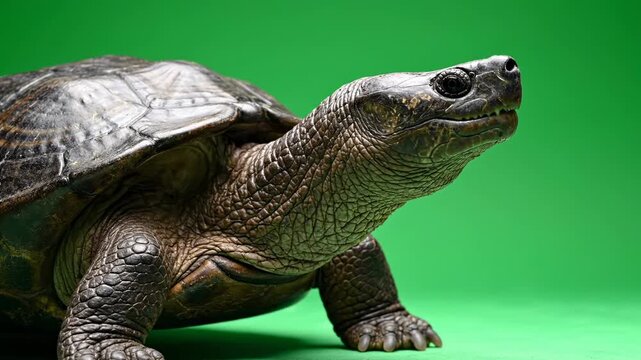 Turtle Portrait on Green Background - Close-Up of a Reptile.