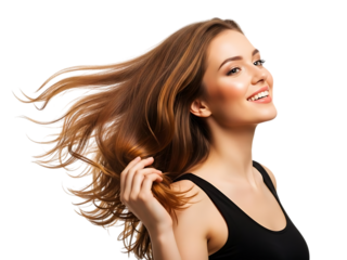 Beautiful young woman with long, flowing brown hair smiling and tossing her healthy, voluminous hair against a pure transparent background, isolated on transparent background