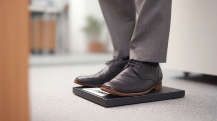 Close-up of a person's feet standing on a black weighing scale. the person is wearing grey trousers and brown leather shoes.