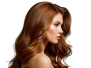 Profile portrait of a beautiful young woman with long, voluminous, shiny, wavy, rich auburn or copper brown hair, isolated on transparent background