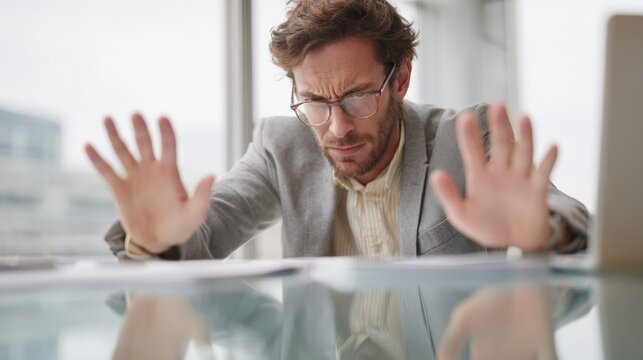 Man sitting at a desk with a laptop in front of him. he is wearing a grey suit and glasses and has a serious expression on his face. - Powered by Adobe