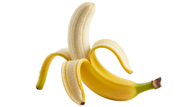 Ripe banana partly peeled, showcasing delicious fruit, vibrant yellow color, and healthy snack option for your needs