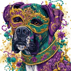 Naklejka premium Colorful dog wears decorative mask in vibrant celebration with beads and accessories
