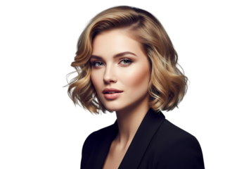 Portrait of a beautiful young woman with stylish blonde wavy bob haircut and professional makeup, isolated on transparent background