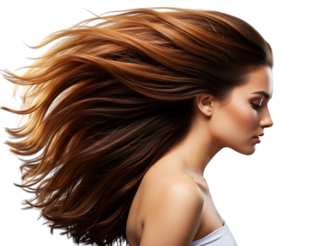Profile portrait of a beautiful young woman with long, voluminous brown hair blowing dynamically to the side, isolated on transparent background