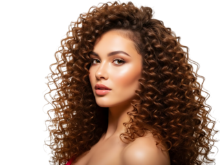 Portrait of a beautiful young woman with voluminous, tightly curled, rich brown hair and flawless makeup, isolated on transparent background