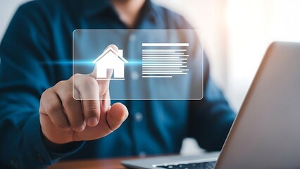 Man interacting with digital house icon on futuristic screen