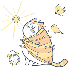 Grumpy American Shorthair with wrapped in fairy lights, set in a charming Morning sunshine theme – Sunny Mornings color vector art
