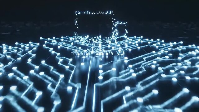 The network node depicts a blue digital computer on a grid. Ideal for technology, AI, connectivity, and digital innovation visuals.