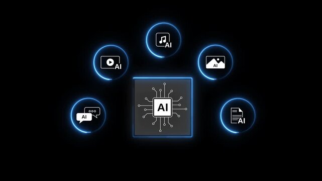 Ethical AI platform creating diverse content formats such as text, video, music, and images, showing responsible automation, data integrity animation on transparent