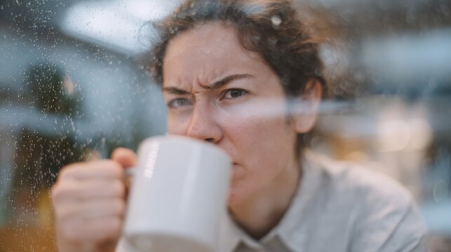 Young woman drinking from a white coffee mug. she is sitting in front of a window with raindrops on it, and the background is blurred. the woman has curly hair and is wearing a light-colored shirt. - Powered by Adobe