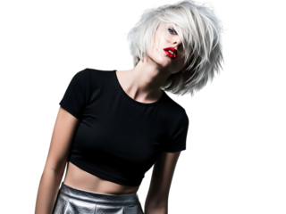 Stylish young woman with short platinum blonde hair and bright red lipstick wearing a black crop top and silver skirt, posing dynamically isolated on transparent background