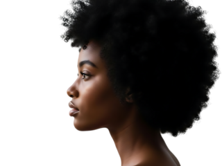 Profile portrait of a beautiful young black woman with a large natural afro hairstyle looking thoughtfully to the side, isolated on transparent background
