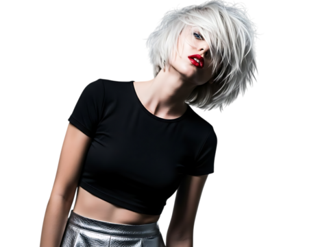 Stylish young woman with short platinum blonde hair and bright red lipstick wearing a black crop top and silver skirt, posing dynamically isolated on transparent background
