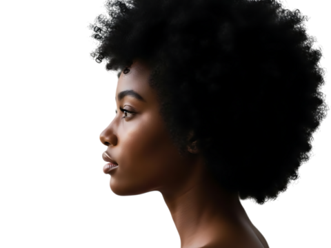 Profile portrait of a beautiful young black woman with a large natural afro hairstyle looking thoughtfully to the side, isolated on transparent background