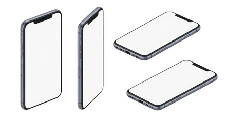 Three isometric views of a modern smartphone isolated on transparent background
