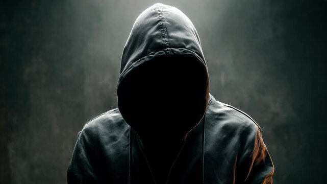 A person wearing a dark hoodie sits in a dimly lit environment. The face is obscured, creating a mysterious atmosphere.