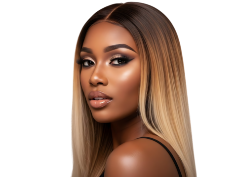 Beautiful young african american woman with ombre crimped hair and glamorous makeup looking directly at camera, isolated on transparent background