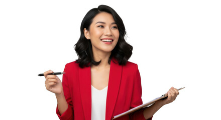 Smiling asian woman in red blazer holding pen and clipboard isolated on transparent background