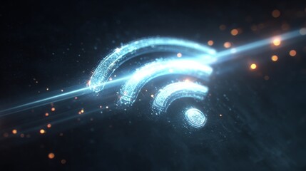 Futuristic digital wireless signal icon glowing with vibrant particles and ethereal light effects on dark background representing technology and connectivity
