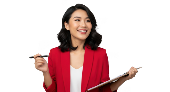 Smiling asian woman in red blazer holding pen and clipboard isolated on transparent background