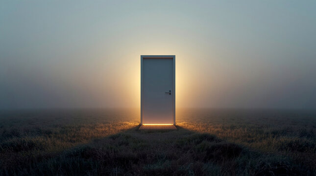 Mysterious Door in Foggy Field with Glowing Light Behind – Minimalist Surreal Landscape Symbolizing Opportunity, Transition and New Beginnings