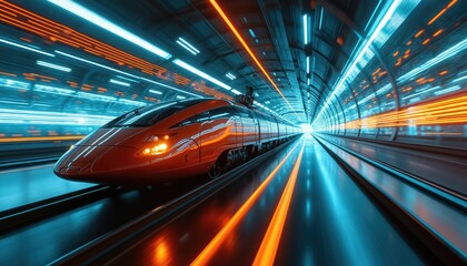 Fototapeta premium Modern high speed train moves through tunnel. Futuristic railway with illuminated light trails. Fast transportation concept. Advanced tech, modern urban infrastructure. Rail vehicle rides on