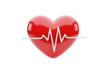 - 3D heart with heartbeat line icon, glossy red and white, soft reflections, floating style, isolated on transparent background, clean fitness UI icon
