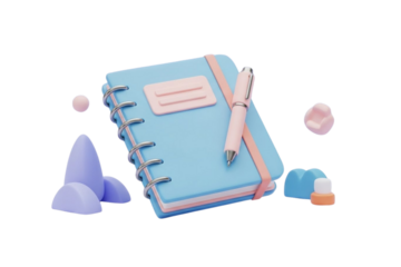 - 3D notebook with pen icon, pastel colors, soft matte texture, modern minimal style, transparent background