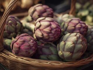 Fototapeta premium Fresh artichokes in woven basket at farmers market, natural organic food concept