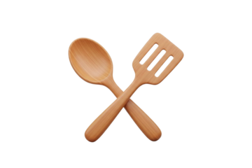 - 3D wooden spoon and spatula crossed icon, warm colors, soft lighting, smooth edges, transparent background, cooking UI symbol