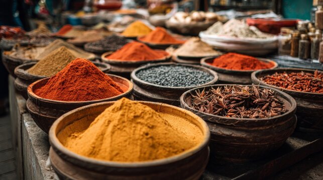 Vibrant display of spices in traditional market setting featuring colorful powders and natural ingredients in artisan bowls, showcasing rich culinary diversity