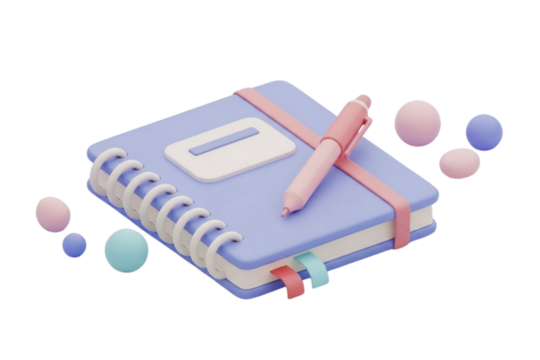 - 3D notebook with pen icon, pastel colors, soft matte texture, modern minimal style, transparent background, high clarity