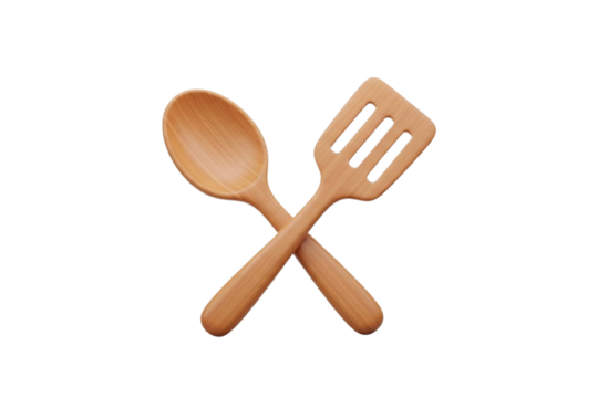 - 3D wooden spoon and spatula crossed icon, warm colors, soft lighting, smooth edges, transparent background, cooking UI symbol