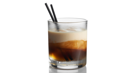 Creamy White Russian cocktail in glass with ice and black straws, perfect drink for happy hour fun