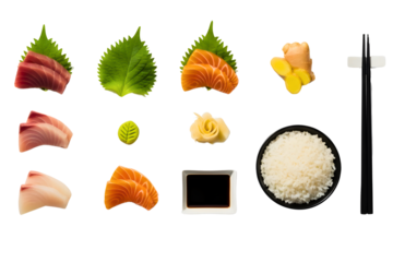 Assortment of sashimi and sushi ingredients on a black background isolated on white background isolated on transparent background