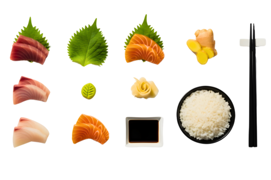 Assortment of sashimi and sushi ingredients on a black background isolated on white background isolated on transparent background