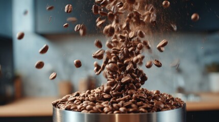 Close-Up of Coffee Beans Falling into Grinder in Modern Kitchen with Blurred Background and Warm Lighting Perfect for Coffee Lovers and Culinary Enthusiasts