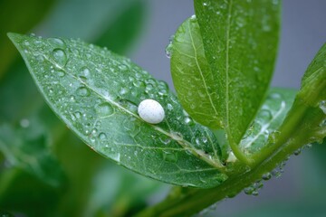 Tiny white egg on green leaf with dew drops