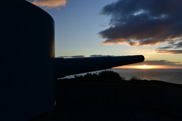 Noirmont point, Jersey, U.K. WW2 cannon turret at sunrise.