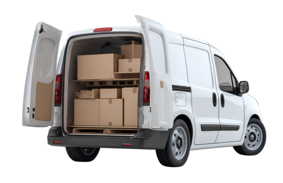 a white delivery van with open back doors, full of boxes, against a transparent background.