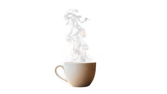 Hot beverage in white cup with steam rising isolated on transparent background