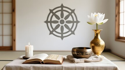 Dharma Wheel, Lotus, and Singing Bowl for a Meditation Altar and Spiritual Practice