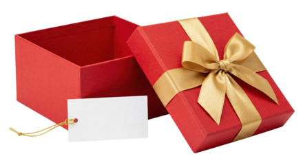Open red gift box with gold ribbon and blank tag