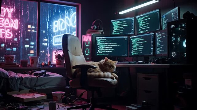 Sleeping Cat in a Neon Lit Cyberpunk Hacker Lair.