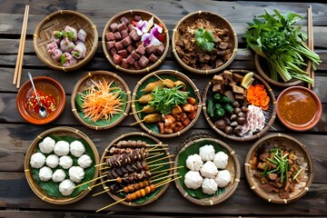 Fototapeta premium Colorful Easter eggs in a traditional basket and on a wooden table are a festive craft decoration