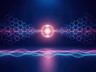Abstract glowing sphere with digital wave patterns and molecular structures