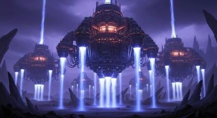 Futuristic Alien Cityscape with Glowing Beams and Imposing Structures.