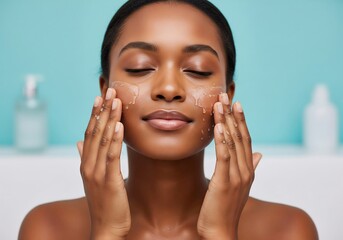 Young african american woman with closed eyes gently applying a refreshing gel cleanser to her face for glowing, healthy skin, self-care routine.